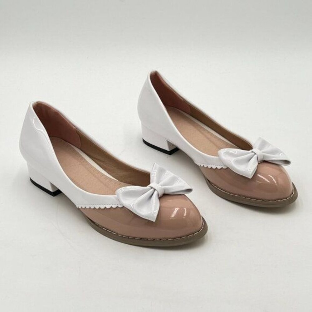 White And Beige Pointed Toe Pumps Bow Chunky Low Heels Slip on Comfy Dressy Shoe